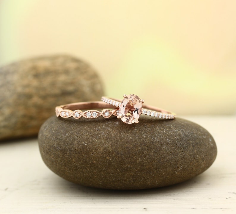 Morganite Engagement Ring Set , Diamond Wedding Ring Set with Art deco wedding band In 14k Rose Gold 8x6mm Oval Gem1403 image 2