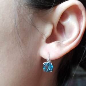8MM Round Natural Diamond & Gemstones Leverback Earrings In 14k White London Blue Topaz image 3