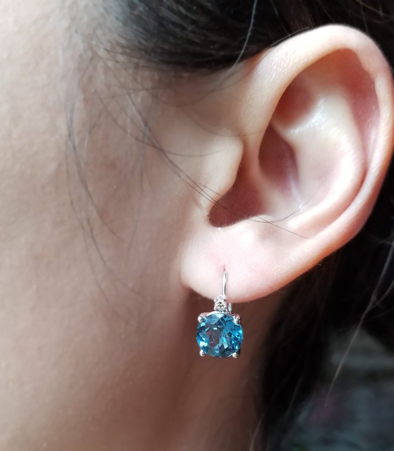 8MM Round Natural Diamond & Gemstones Leverback Earrings In 14k White London Blue Topaz image 3