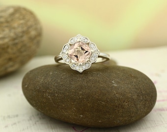 Floral Design Morganite Engagement Ring 14K White Gold Diamond Halo Wedding Ring (Other metals & stone options available)-Gem1141