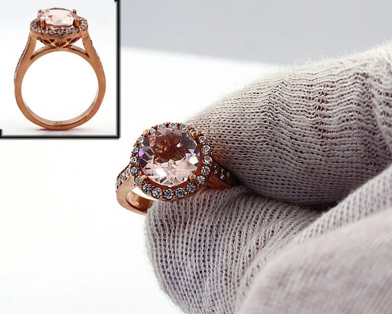 Natural Round Pink Morganite Solid 14K Rose Gold Diamond engagement Ring image 2