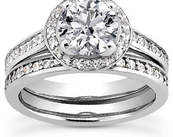 1 carat 6.5mm Round Forever One (GHI) Moissanite Solid 14K White Gold Diamond Halo Engagement  Ring set ENS4286