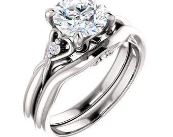 1.50 ct Forever One (GHI)  Moissanite Round 7.5mm 14K White Gold Engagement Ring Set, Bridal Set - ST235164 (Center stone options available)
