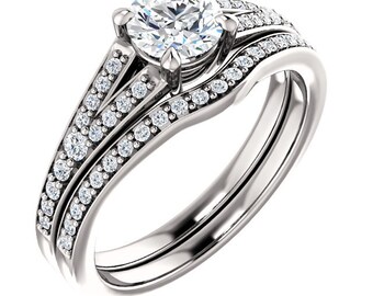 5.5mm Round  Forever One (GHI) Moissanite Solid 14K White Gold  Diamond Engagement  Ring Set - ST82856