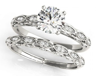 Forever Brilliant Moissanite and Diamond  Vintage Style Engagement  Ring Set in 14K White Gold - OV62155