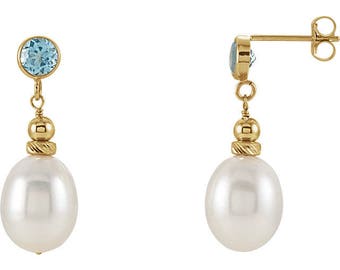 14K Yellow Gold Freshwater Cultured Pearl and Swiss Blue Topaz Earrings