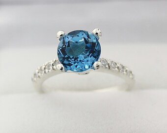 Natural  VVS Swiss Blue Topaz Solid 14K White Gold Diamond engagement  Ring