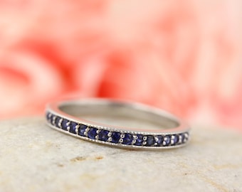 Stackable Half Eternity Blue Sapphire Milgrain Wedding Band Ring   In 14k White  ,Rose or Yellow Gold ST233025-1482