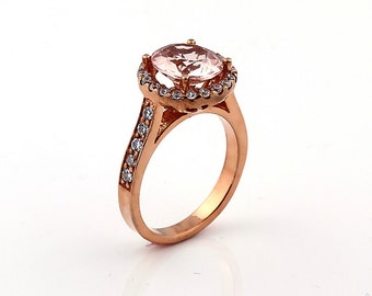 Natural Round  Pink  Morganite Solid 14K Rose Gold Diamond engagement Ring