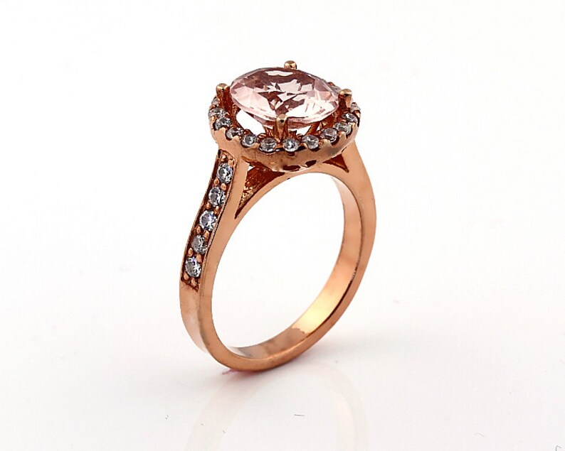 Natural Round Pink Morganite Solid 14K Rose Gold Diamond engagement Ring image 1