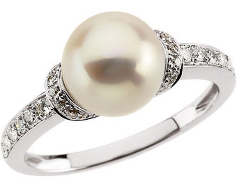 8mm Freshwater Cultured Pearl and  Diamond Ring ---- 14k White Gold ST73803