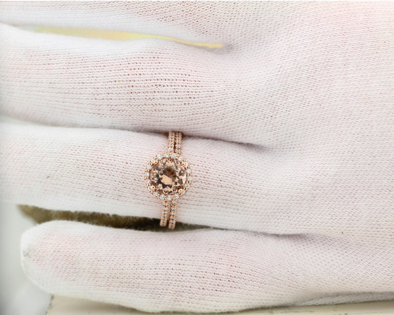 Natural AAA Morganite Ring Set, Diamond Halo Morganite Engagement Ring Band Set, Roes gold, 7mm gemstone Gem1203 image 7