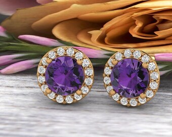 Natural Diamond & Purple Amethyst Halo Stud Earrings In 14K White/Yellow, Birthday Stud Earrings  G166