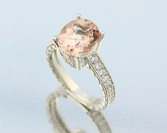Natural Checkerboard Cut Morganite  Solid 14K White Gold Diamond engagement Ring-antique style