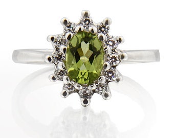 7x5mm Natural Peridot Solid 14K White Gold Diamond Ring