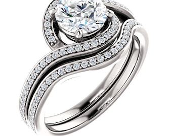 1 ct 6.5mm Forever One (GHI) Moissanite Solid 14K White Gold  Halo  Engagement  Ring Set - ST233779