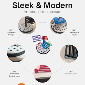May include: A vertical tier drying rack system featuring a central black pole with a white circular base containing multiple holes. The unit includes various colorful, removable rectangular racks in purple, red, green, and blue, designed for organization.