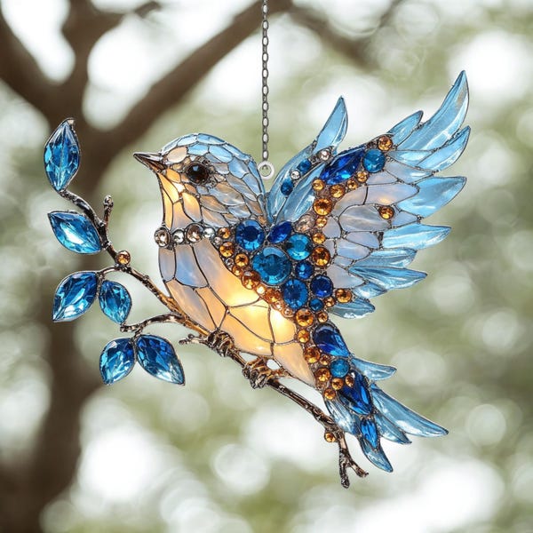 Blue Bird Acrylic Suncatcher, Stained Glass Style Window Hanging, Bird Lover Gift