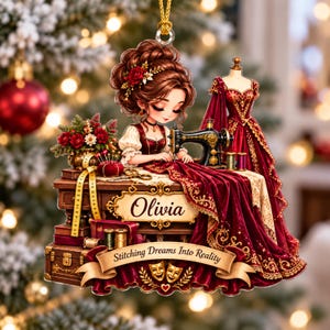 Ornement en acrylique personnalisé pour couturière, motif machine à coudre et costume, cadeau personnalisé avec nom et citation