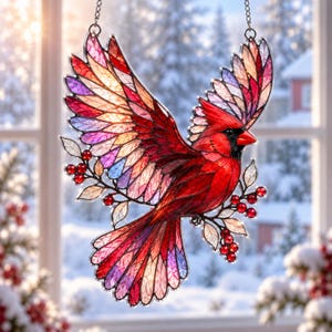 Peut inclure: Un attrape-soleil en vitrail représentant un cardinal en plein vol. L'oiseau présente des plumes aux tons rouges, violets et orangés avec une texture rappelant des feuilles. Il est posé sur une branche avec des baies rouges et suspendu par une chaîne.