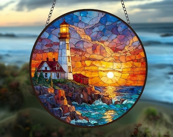 Stained Glass Lighthouse Suncatcher, Coastal Home Decor
