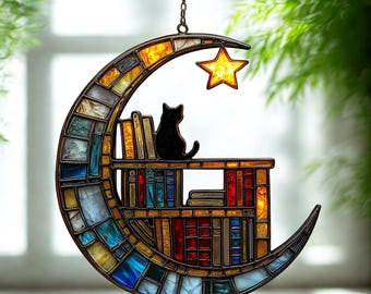 Cat Moon Bookshelf Suncatcher, Stained Glass Style Window Decor, Book Lover Gift