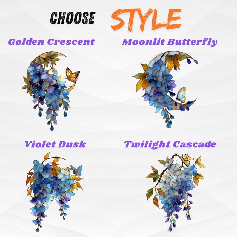 Peut inclure: Quatre mod&egrave;les de capteurs de soleil en vitrail &eacute;tiquet&eacute;s CHOOSE STYLE. Les options sont Golden Crescent, Moonlit Butterfly, Violet Dusk et Twilight Cascade. Chacun pr&eacute;sente des grappes de fleurs bleues, des feuilles vertes et des papillons.