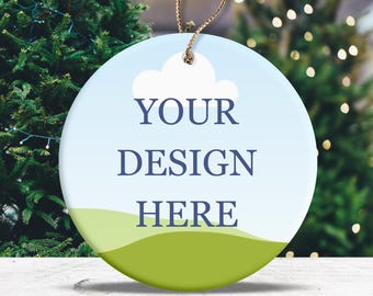 Ceramic Ornament Mockup, Round White Hanging Ornament (PNG, JPEG)