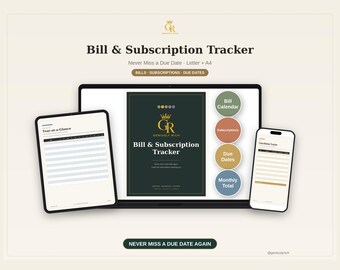 Bill Subscription Tracker, Monthly Payment Log, Budget Planner (PDF Download)