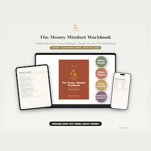 May include: The Money Mindset Workbook is a digital product displayed on a laptop, tablet, and smartphone. The screens show a 16-page behavioral finance guide with sections titled Money Scripts, Money Triggers, 30-Day Challenge, and Behavioral Guardrails.