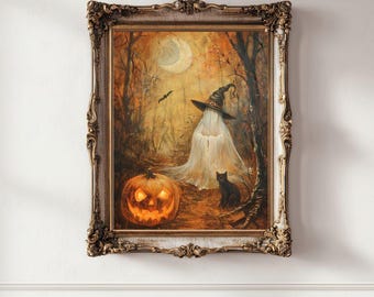 Halloween Wand Kunst Druck, Vintage Geist Malerei, Hexenhut Kürbis Kunstwerk, Herbst Wanddekoration, Gruselige Herbstästhetik, Schwarze Katze Poster