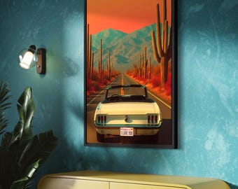 Retro Auto Wandkunst - California Desert Road Poster, Oldtimer Poster, Sunset Drive Wanddekoration für Wohnzimmer oder Büro