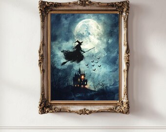 Witch Wall Art Poster, Halloween Decor, Spooky Moon Print, Gothic Home Wall Art