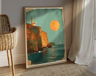 Lighthouse Cliff Wall Art Print, Retro Coastal Landscape Poster, Ocean Sunset Painting, Vintage Nautical Home Decor, Full Moon Illustration