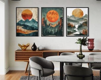 Retro Berg Wand Kunst 3er-Set - Mid Century Modern Sunset Prints, Boho Landschaft Wanddekoration, abstrakte Naturkunst für Wohnzimmer