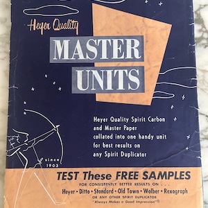 May include: Vintage "Heyer Quality Master Units" advertising brochure. The cover features a navy blue background with white stars and cloud-like shapes. Text includes "Master Units" and "Test These Free Samples."
