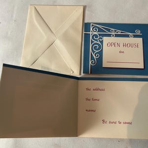 May include: A vintage open house invitation set. It includes a cream envelope, a blue and white card with "Open House" text, and an open invitation card with space for details. The invitation has a retro design.