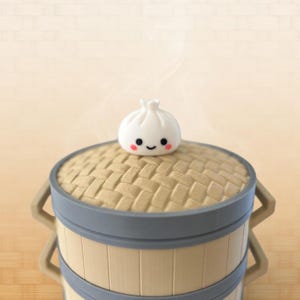 May include: A decorative bamboo steamer with a smiling dumpling topper. The steamer is beige with gray accents and handles. The dumpling is white with rosy cheeks and a smiling face. Steam rises from the top.