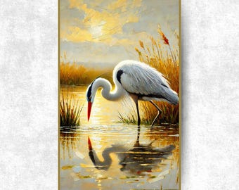 Wall Art Vintage Painting Blue Heron Marsh Art, Impasto Printable, Digital Download