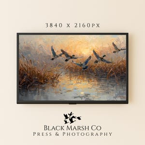 Könnte beinhalten: Gerahmtes Gemälde, das einen Schwarm Enten im Flug über einem Sumpf bei Sonnenuntergang zeigt. Das Kunstwerk verwendet warme Farbtöne von Orange, Gelb und Braun, mit Reflexionen im Wasser. Der Text "Black Marsh Co Press & Photography" befindet sich unten.