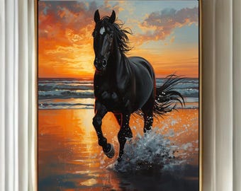 Western Wall Art Black and Orange Horse Painting, Digital Wall Art Printable