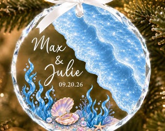 Personalized Ocean Wave Glass Ornament, Beach Engagement Ornament, Engaged Wedding Ornament, Wedding Gift for Newlyweds