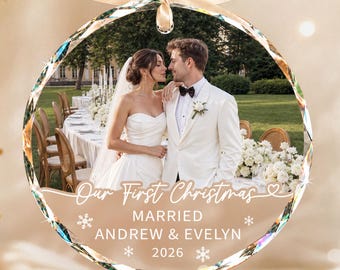 Custom First Christmas Married Ornament, Personalized Wedding Photo Ornament, Christmas Gift For Couple, Newlywed Gift
