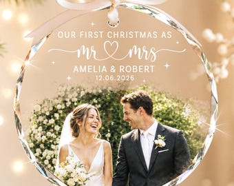Custom First Christmas Married Ornament, Personalized Wedding Photo Ornament, Wedding Gift for Newlyweds, Wedding Anniversary Gift