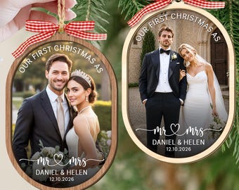 Personalized First Christmas Married Ornament: Custom Couple Photo Ornament, Newlywed Gift, Gift For Couple, Anniversary Keepsake
