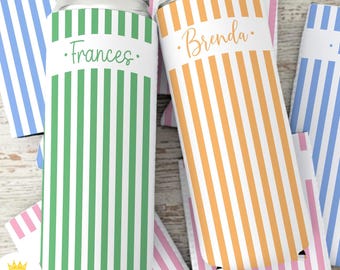 Custom Monogram Bachelorette Slim Can Cooler, Coastal Striped Drink Sleeves, Beach Party Favors