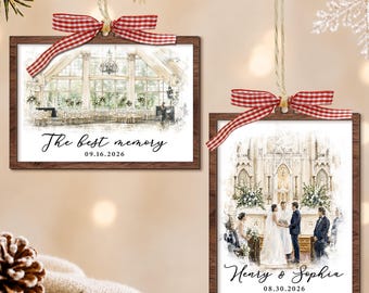 Custom Wedding Venue Ornament, Watercolor Photo Wedding Location Ornament, Wedding Gift for Newlyweds, Wedding Anniversary Gift