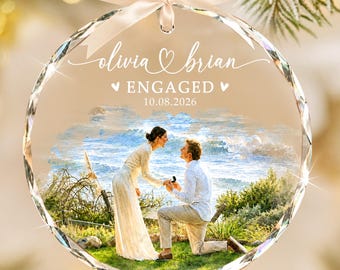 Custom Engagement Photo Ornament, Personalized Watercolor Couple Portrait Ornament, First Christmas Engaged Keepsake, Newlywed Gift