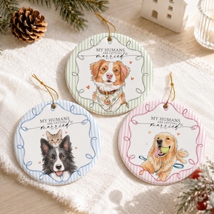 Ornement de mariage personnalisé pour animaux de compagnie, ornement en céramique avec photo aquarelle d'animal de compagnie, ornement « Mes humains sont mariés », cadeau de fiançailles pour chien et chat