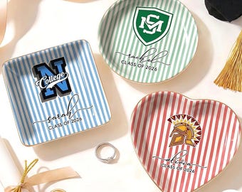 Custom University College Logo Ring Dish: Class of 2026 Graduation Gift, High School Graduation Gift, Senior Striped Jewelry Tray for Her
